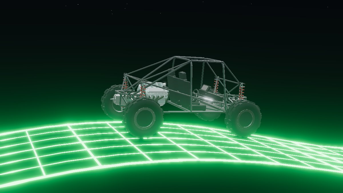 A dune buggy in mid-air over a crest of a glowing green wireframe track.