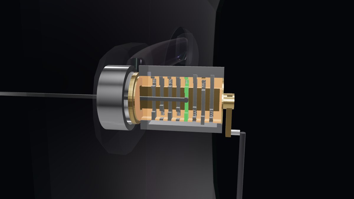 A car door lock cylinder in cutaway, its brass wafers in a row with one lit green as a pick works the keyway and a tension tool turns it.