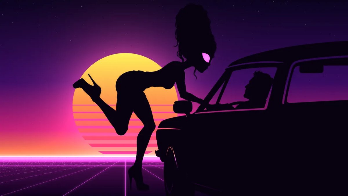 A silhouetted woman leans into a car window to kiss the driver, one heel kicked up, against a striped synthwave sunset over a neon grid.