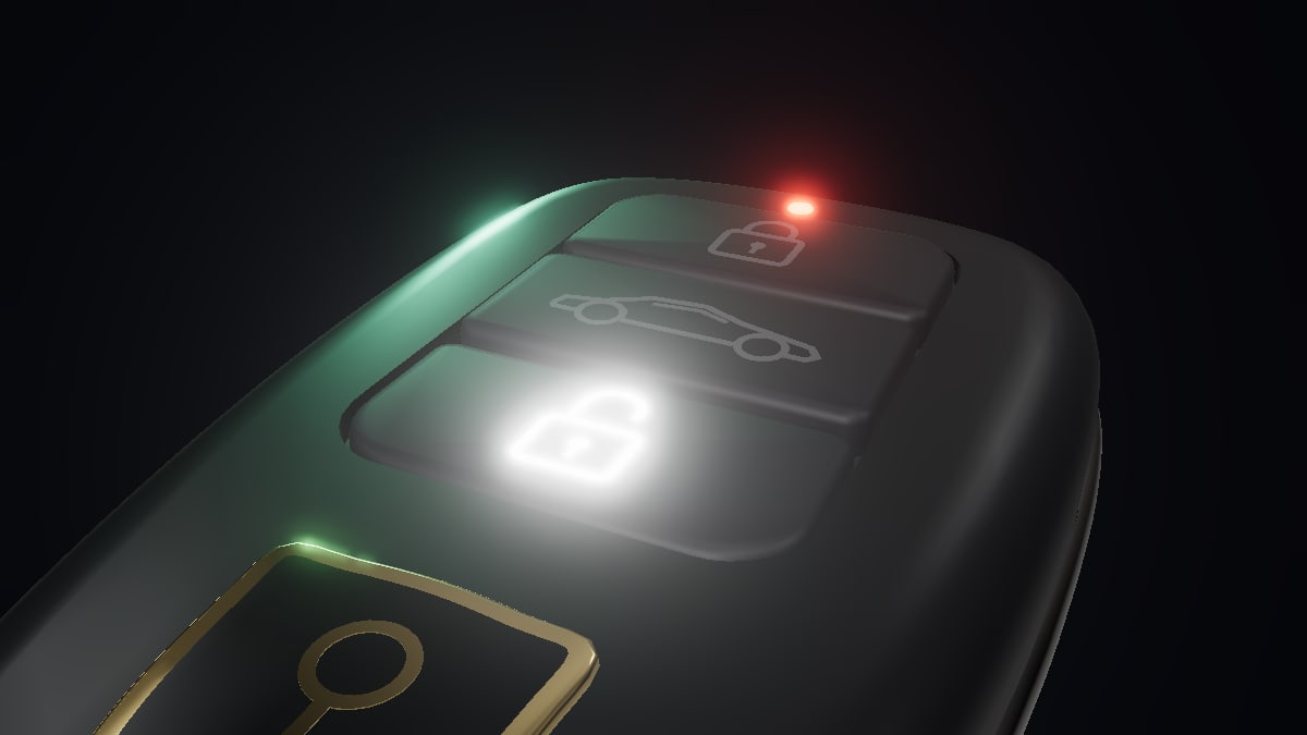 Close-up of a black car key fob as its unlock button is pressed, the open-lock icon glowing white and the red LED lit.