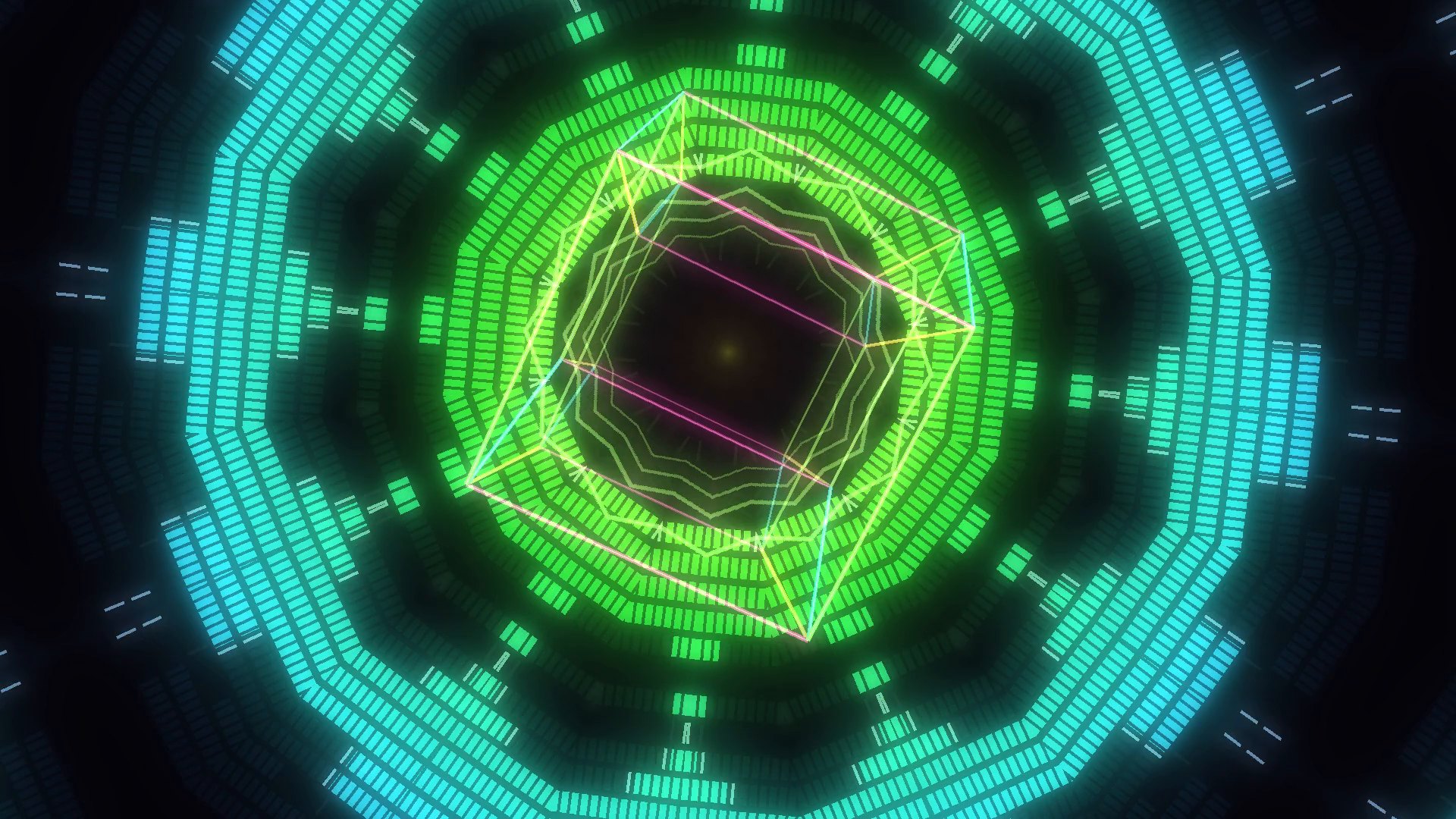 A neon twelve-way kaleidoscope folding around a tesseract on black.