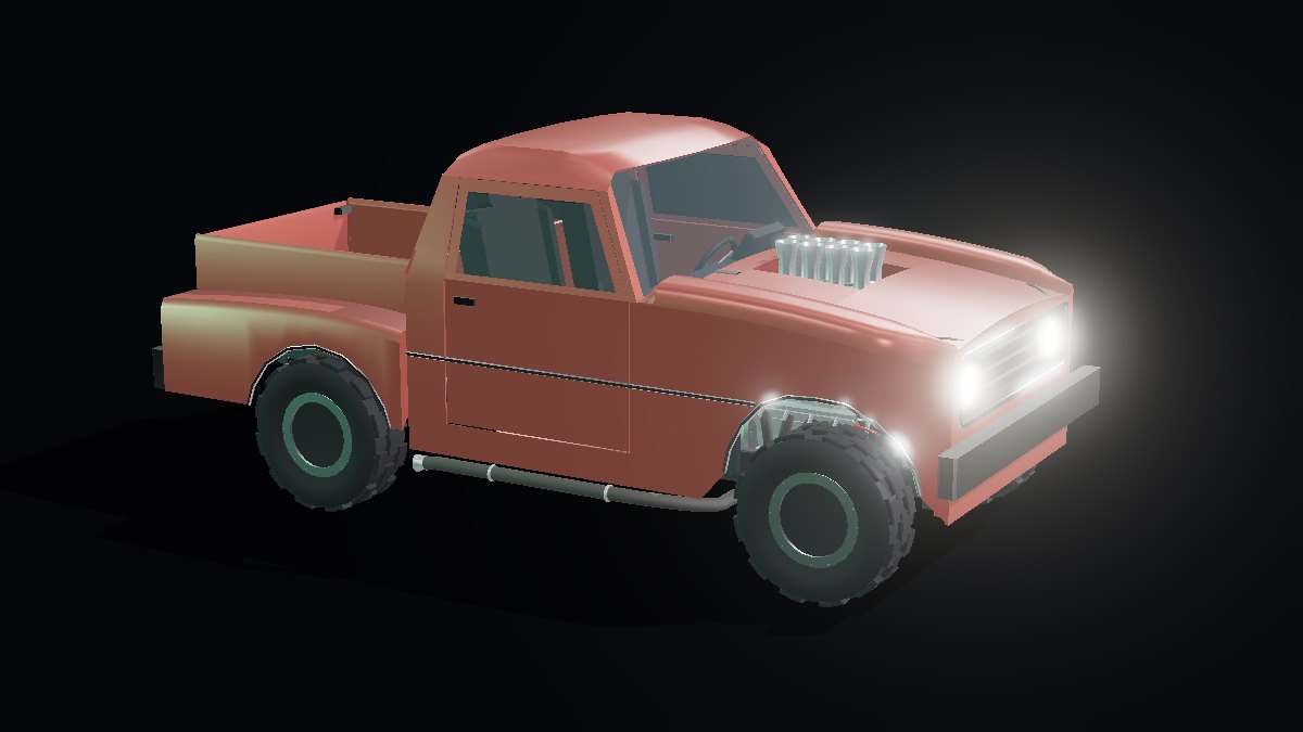 A pickup truck with its headlamps on, seen from the side.