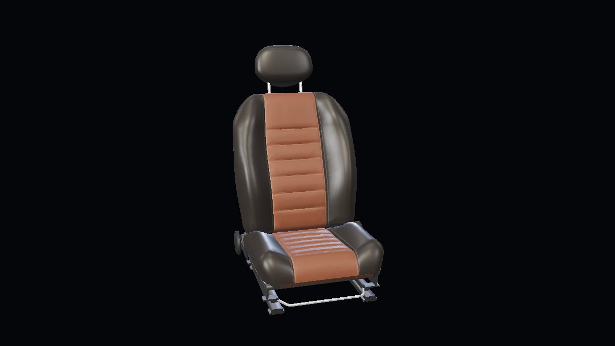 A restored sports bucket seat in black and tan leather, turning on a dark stage.