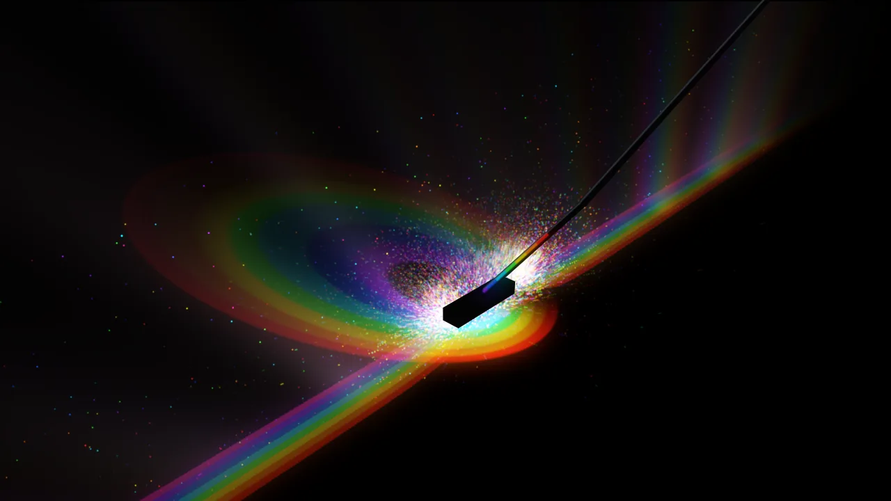 The vacuum head just after the third slam, with the eighth band of colour back in the light and prismatic dust hanging in a sunbeam.
